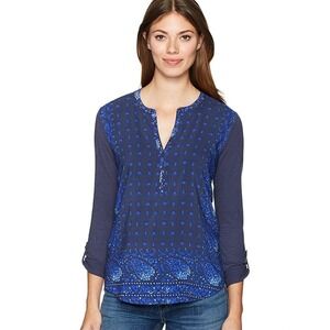Lucky Brand Womens Blue Bandana Henley Tunic Top Roll-Tab Sleeves Size Large